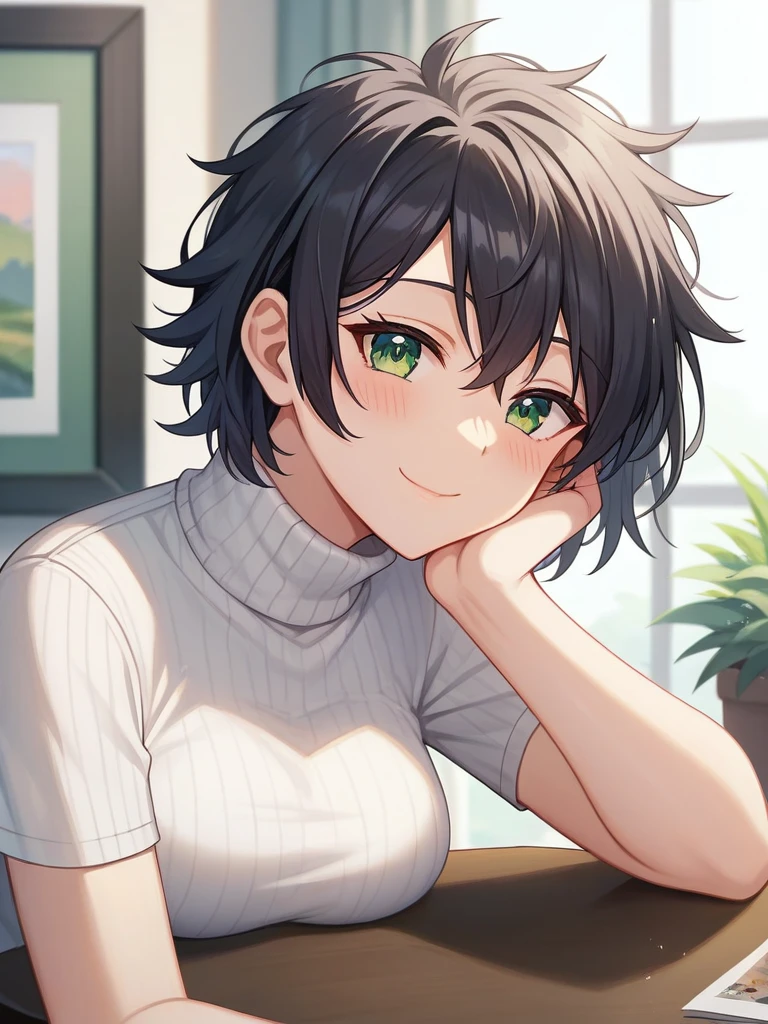 Adult, Female, Mature, short black hair, messy hair, emerald eyes, medium breasts, black turtleneck, bike shorts, art room, paintings in background, resting head on hand, elbow on table, content, small smile, blushing, Masterpiece, Accurate, Anatomically Correct, Best Quality, High Details, Detail, Super Detailed, Best detail, Perfect detail, Amazing detail, [-3, 3], perfect eyes, perfect irises, best eyes, best irises, Close-Up, headshot