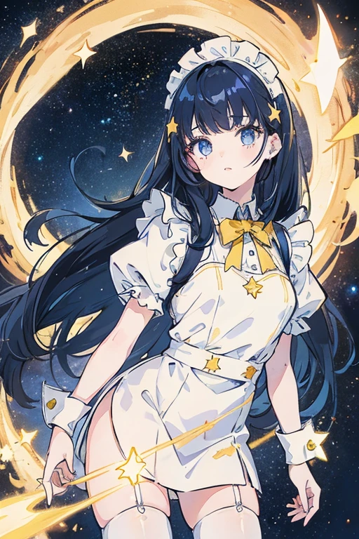 Girl, white skin, starry eyes, messy dark blue hair with yellow strands, star hairpin, maid outfit, space, Voyager
