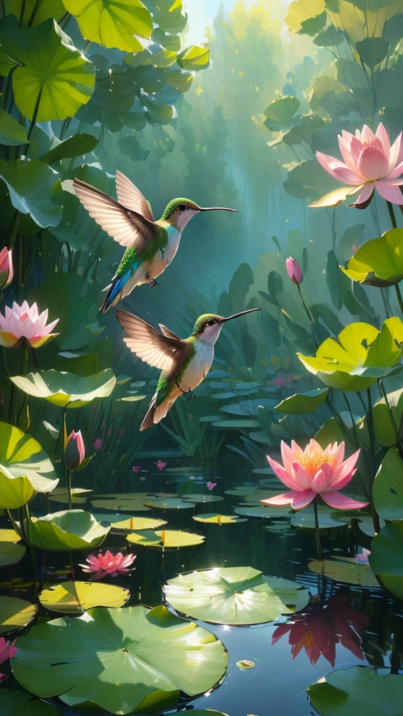 Two hummingbirds flying over a pond of water lilies, Beautiful digital artwork, A beautiful artistic illustration, 4k highly detailed digital art, Beautiful digital painting, Highly detailed numbers艺术作品, Digital painting highly detailed, Highly detailed numbers, very Beautiful digital art, Beautiful digital art, Beautiful art UHD 4K, Beautiful digital illustrations, Background artwork