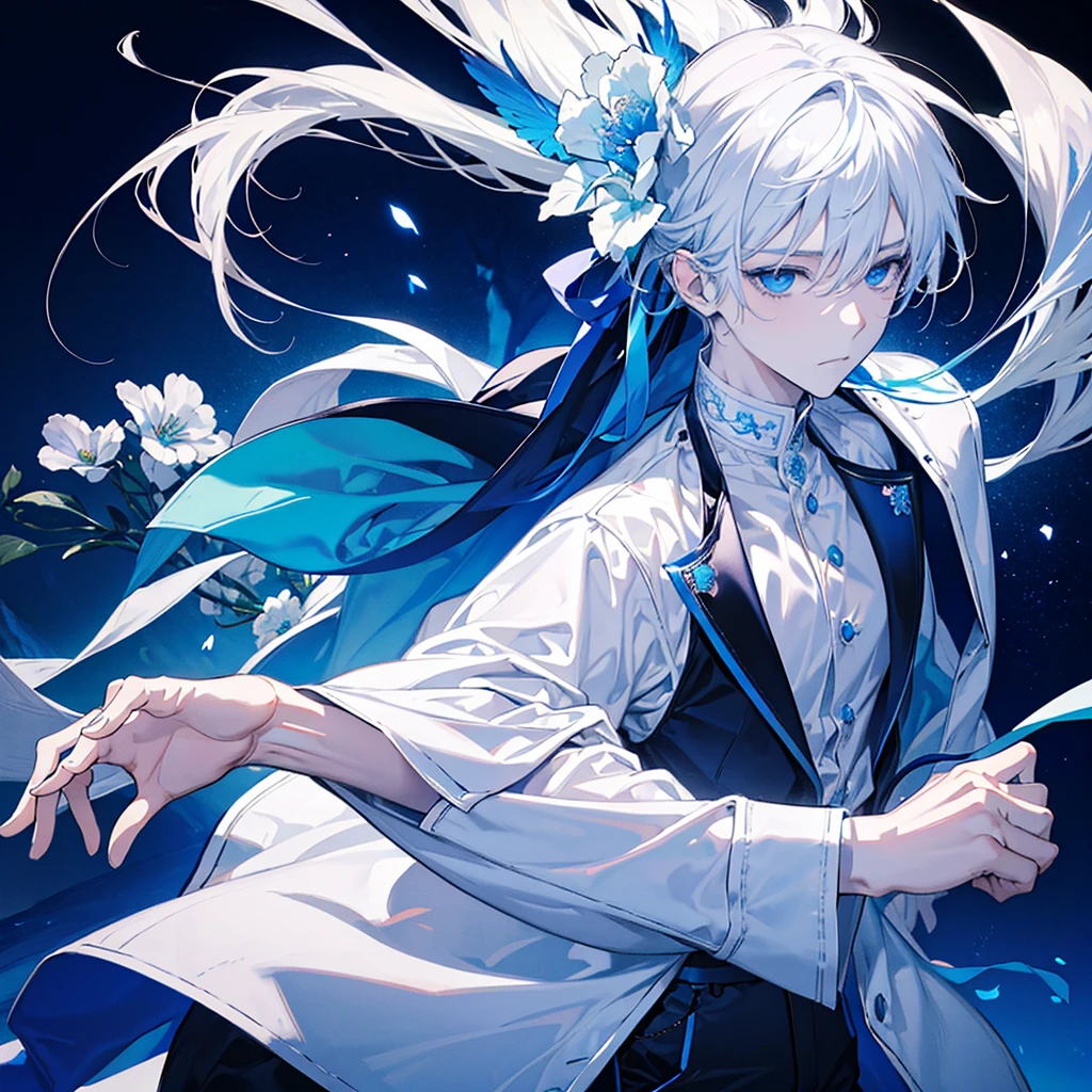 Design an anime boy with striking white hair, wearing a sleek white t-shirt and a stylish white blazer. His eyes should be a captivating sky blue, radiating a sense of calm and mystery. Incorporate an intricate background of blue flowers, with some petals gently floating around him, adding a touch of ethereal beauty. Subtle glimmers of light can dance around the scene, enhancing the dreamy and cool aesthetic perfect for a standout Facebook profile picture.
