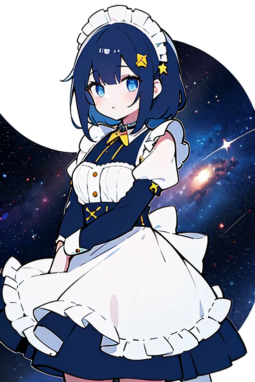Girl, white skin, starry eyes, messy dark blue hair with yellow strands, star hairpin, maid outfit, space, Voyager