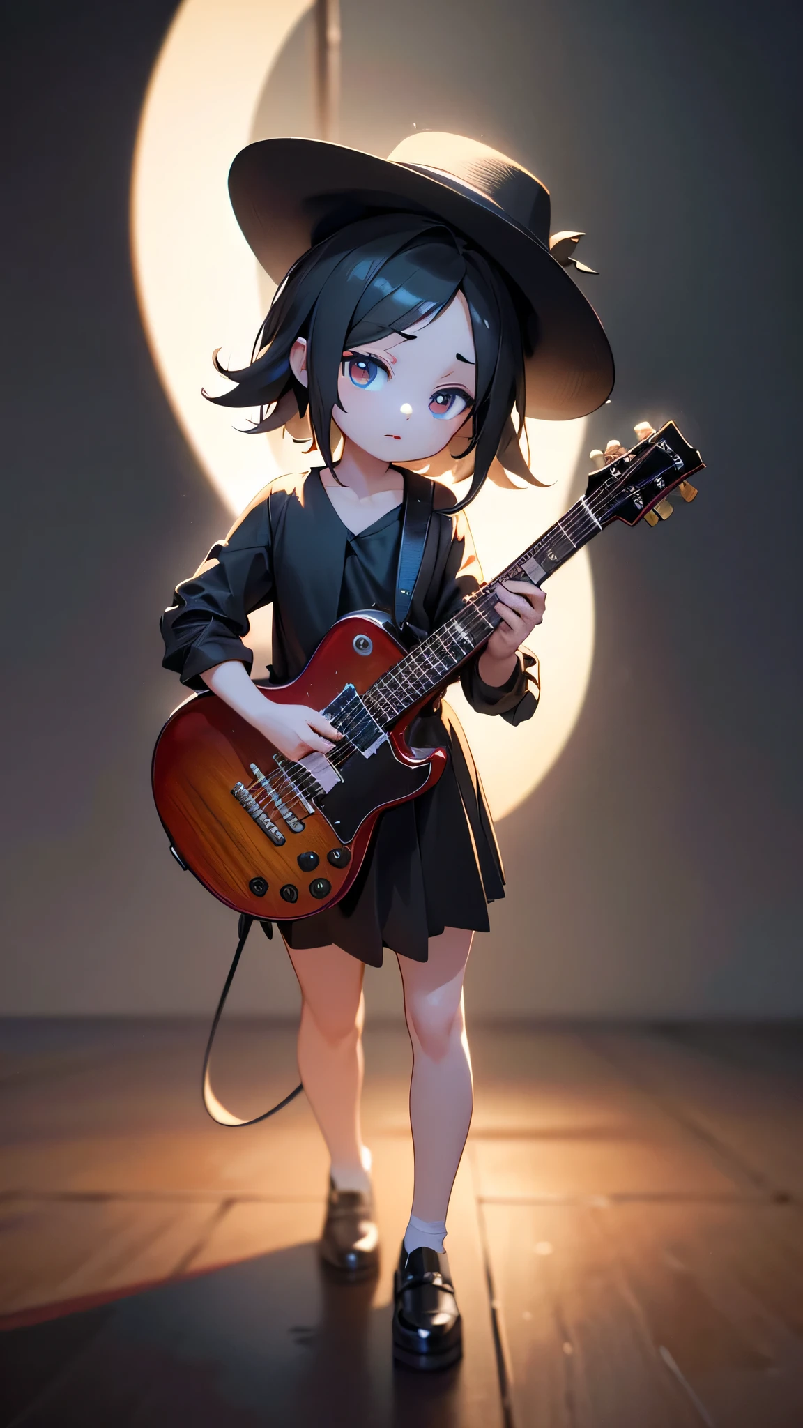 1 black dog playing guitar, wearing a hat, dapper, modern, (best quality,4k,8k,highres,masterpiece:1.2),ultra-detailed,(realistic,photorealistic,photo-realistic:1.37),HDR,UHD,studio lighting,ultra-fine painting,sharp focus,physically-based rendering,extreme detail description,professional,vivid colors,bokeh,dramatic lighting,chiaroscuro,a very cute and beautiful chibi anime girl, simple flat background, full body, standing, highly detailed face and eyes, clearly outlined, solo