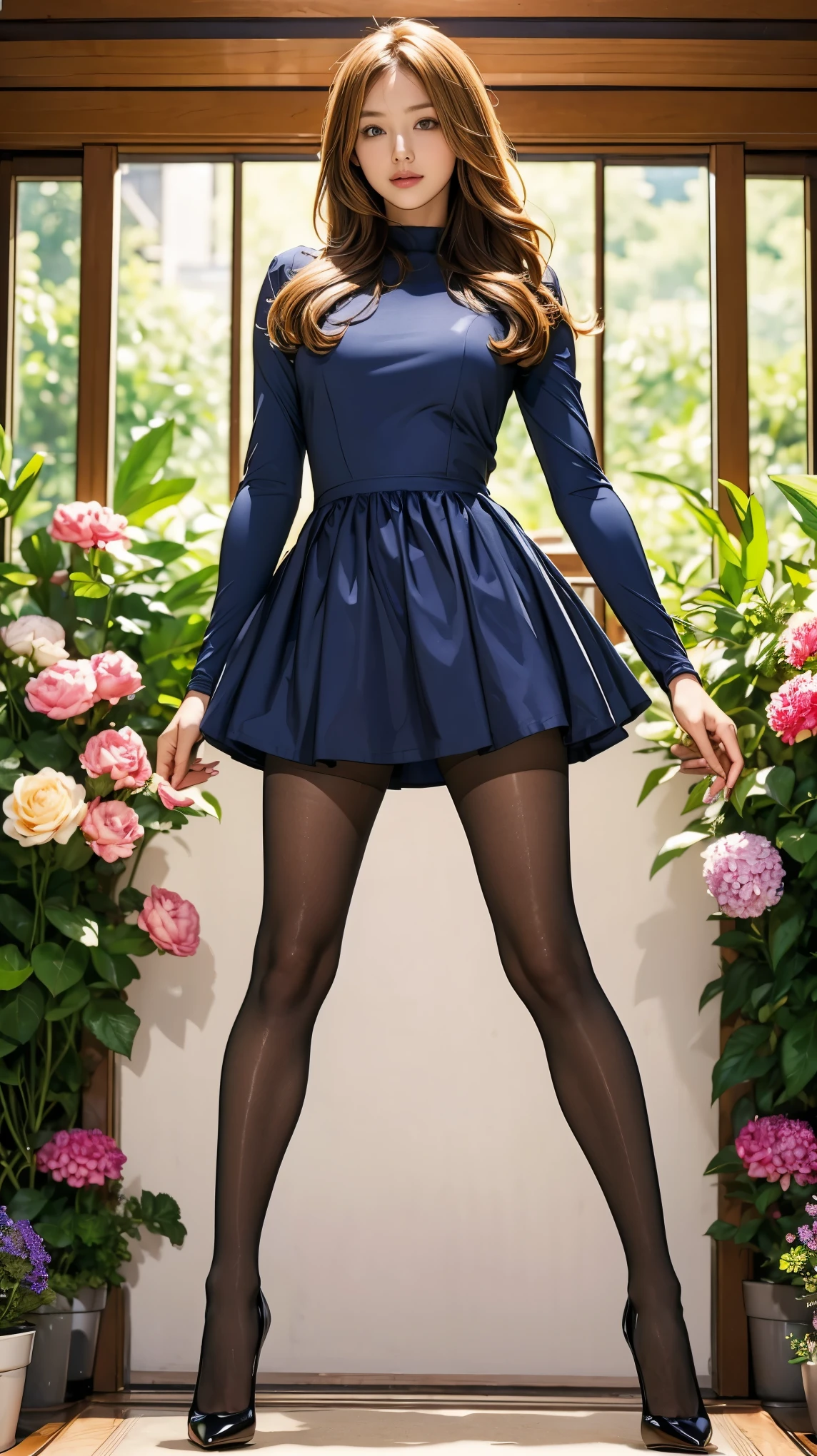 ((masterpiece)),(((Highest quality))),((Character design sheet)),Thin thighs,Long legs,Slim figure:1.5,whole body:1.5,(One Girl:1.3),(Viewer Display:1.4),(Sheer pantyhose and pointed high heels,, :1.3),(山の頂上にSpread your legs座る:1.2),(Wearing a dress of flowers and plants:1.2),short, flowing golden hair:1.2),Spread your legs:1.5,