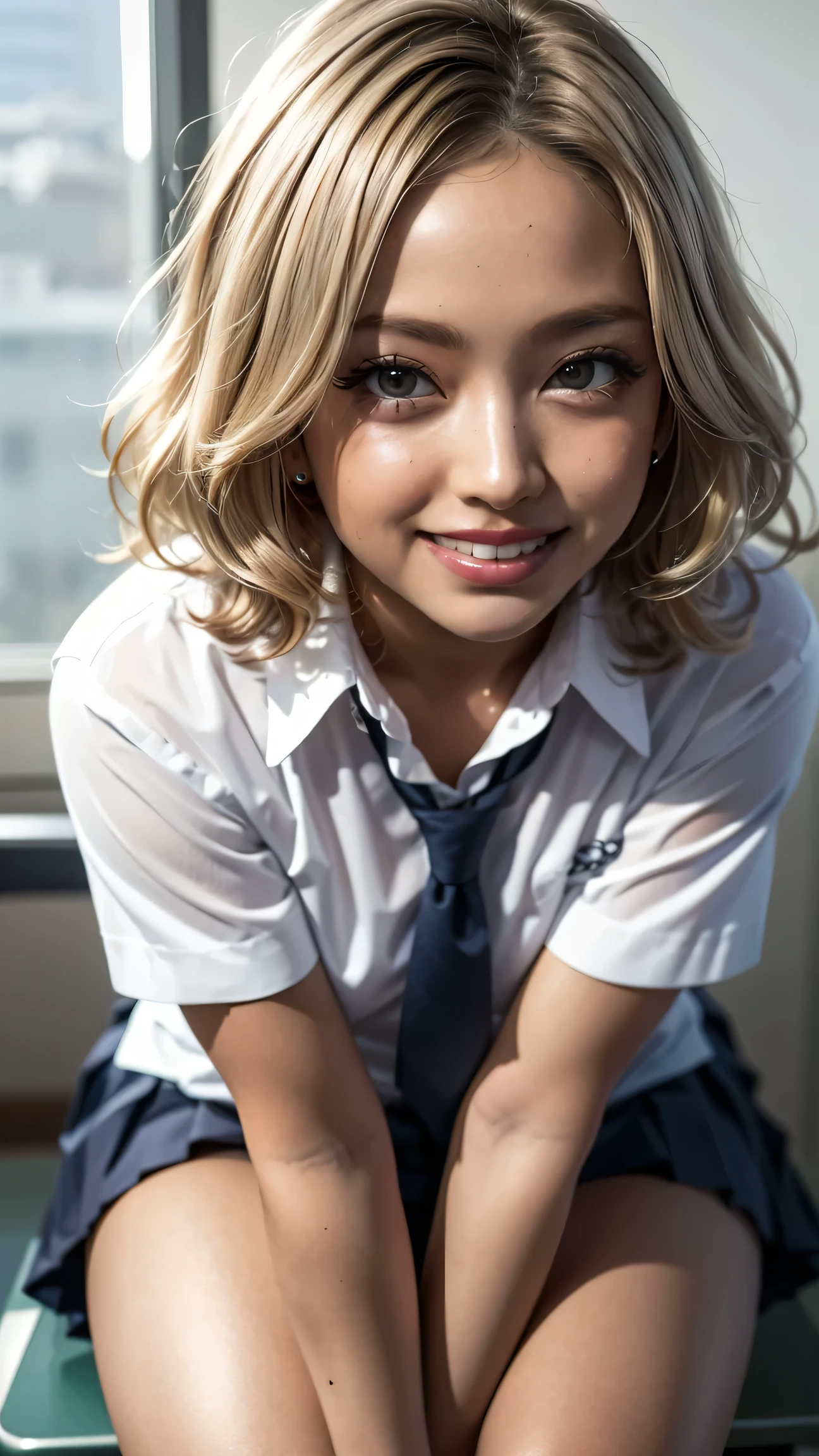 Realistic, masterpiece, Highest quality, Highest Resolution, Japanese , 16 years old, Upper body photo, (Close up on face:1.5), (Sharp Eyes, Squint your eyes, Grin, Embarrassed, Open your mouth, Chin up, Hunchback), Beautiful and detailed eye drawing, (Droopy eyes:1.1), Iris, Thin eyebrows, Draw eyelashes carefully, (Hidden eyelid wrinkles:1.3), Gal Makeup, (Blonde Wavy Hair, short hair, 7:3 parting:1.3),Wearing a white short-sleeved button-up shirt, She is wearing a short, grey, checked pleated skirt., (Thick thighs:1.2), (Sitting with legs apart on the desk:1.3), School classroom
