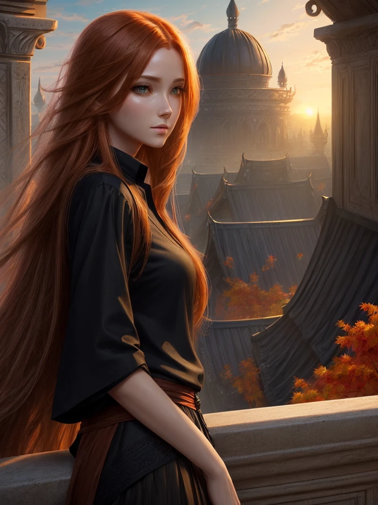 (high quality, ArtStation, Relax Art, fantasy style:1.2), (A beautiful girl, from side, looking at viewer), (long messy ginger hair), (black shirt), (palace rooftop, autumn)