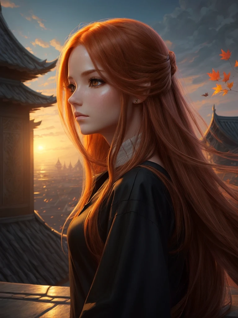 (high quality, ArtStation, Relax Art, fantasy style:1.2), (A beautiful girl, from side, looking at viewer), (long messy ginger hair), (black shirt), (palace rooftop, autumn)