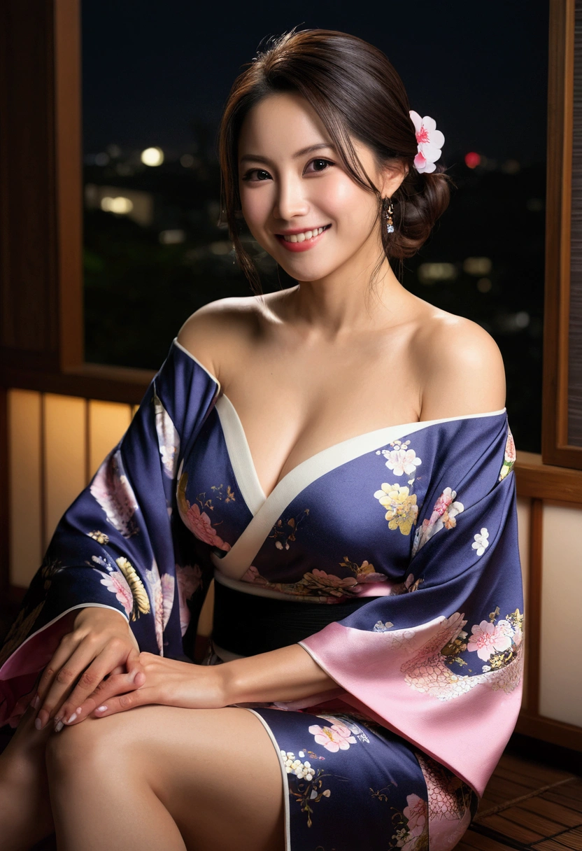 ((night, Real Light, Highest quality, 8k, masterpiece: 1.3)), 35-year-old woman, Beautiful woman, Slim figure: 1.4, (Dark brown hair), (Off the shoulder), (kimono)), ((Cleavage)), ((美しいkimono)), (night), Highly detailed face and skin texture, (Sitting), (((smile))),(((Leaning forward))