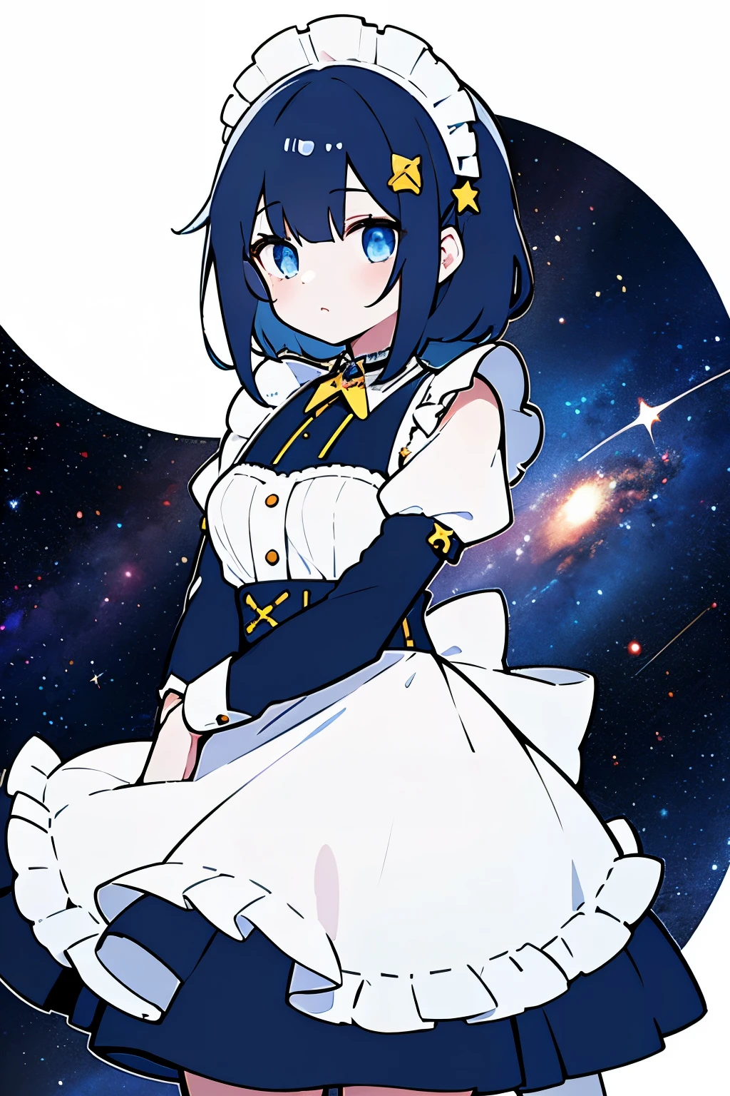 Girl, white skin, starry eyes, messy dark blue hair with yellow strands, star hairpin, maid outfit, space, Voyager