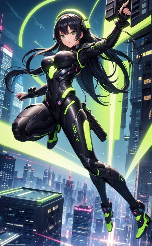 Best quality2:1、Cyborg Girl、mysterious、Flying in the sky、cyber punk、Fluorescent Green、background(Above the city)、Black Hair、Long Hair、Jumping off、Holding a rifle