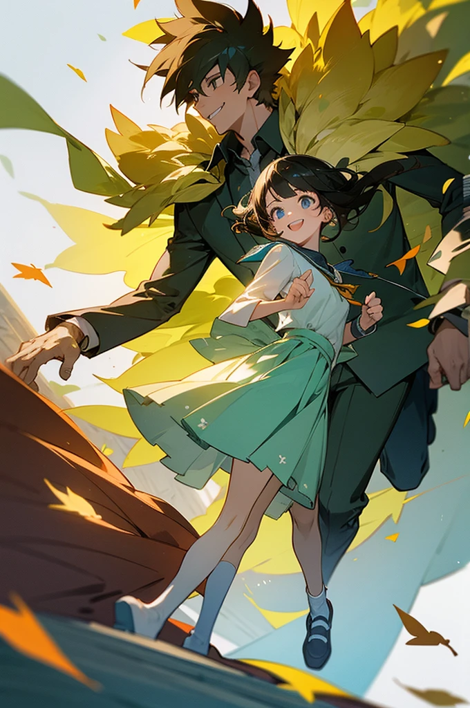 A High school girl and boy that is walking together and they are both smiling. There are leaves around floating.