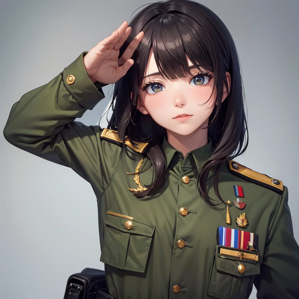 Modest outfit, remote shot, detailed beautiful delicate face, detailed beautiful delicate eyes, perfect facial proportions, high-definition skin, fine skin, four-inch best ratio. With one thumb, a masterpiece, highly detailed, realistic, (World War II German general uniform reference : 1.8), the highest face resolution, adult, modestly dressed woman, dressed entirely, ( small, black hair, black straight bangs, super fine braids, straight bangs, red glasses, dark green eyes), future, science fiction, fighter plane, standing On the landing of a fighter plane, the government agency, a deep intelligent personality, a calm expression, a respectful face, a war, a fighter plane