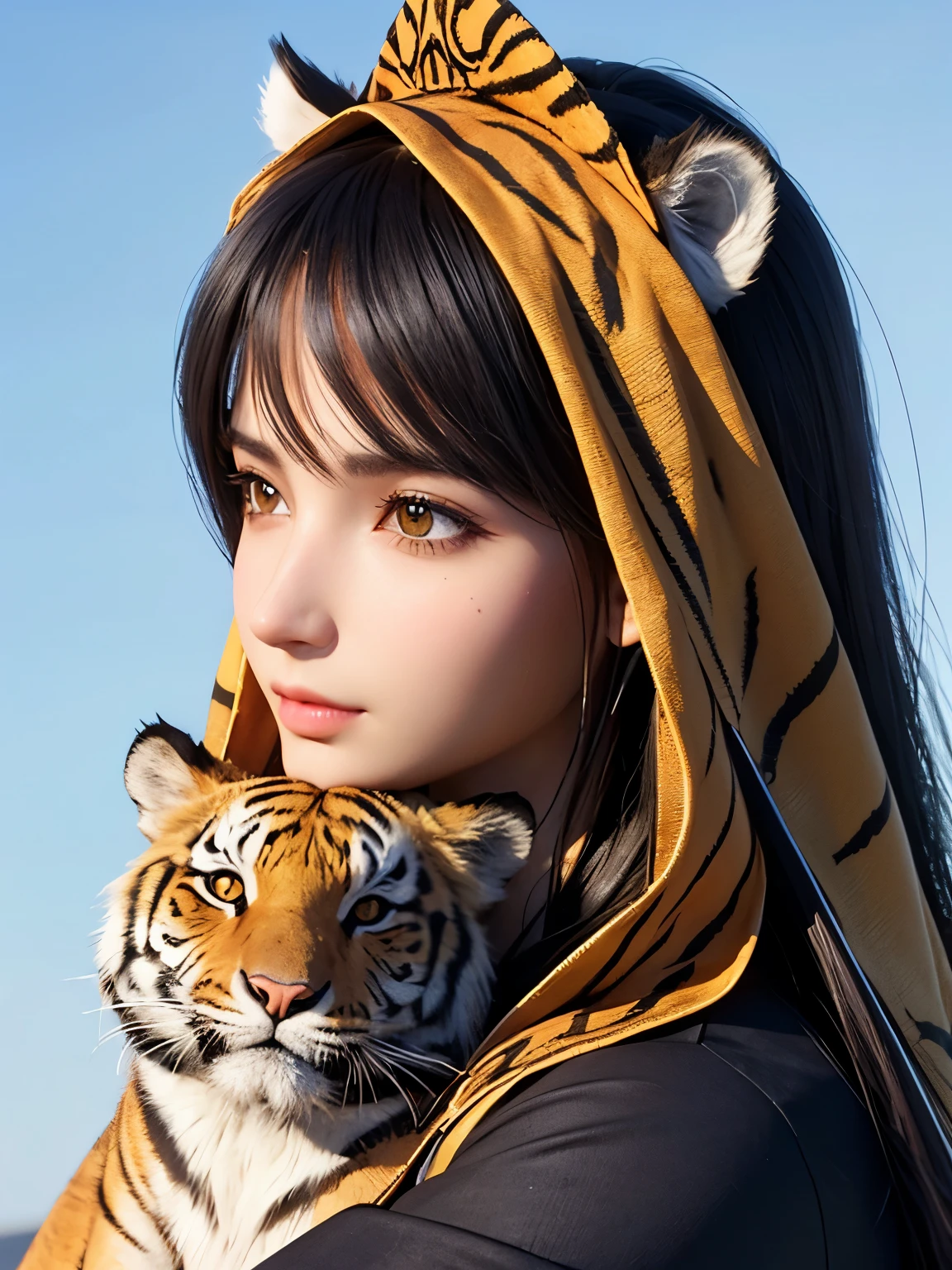 ((Highest quality)), (detailed), (3d), (head shot), (Profile photo), (close), Beautiful Middle Eastern woman holding a tiger's head on her head, High resolution, 4K