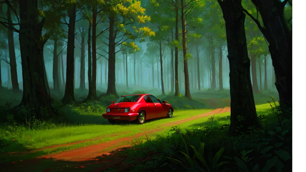 painting of a red car driving through a forest with trees, high quality digital painting, High detail digital painting., 4k digital painting, 4k digital painting, 4k digital painting, #1 digital painting of all time, # 1 digital painting of all time, 8k digital painting, style in digital painting, detailed painting 4k, digital painting with 8k resolution