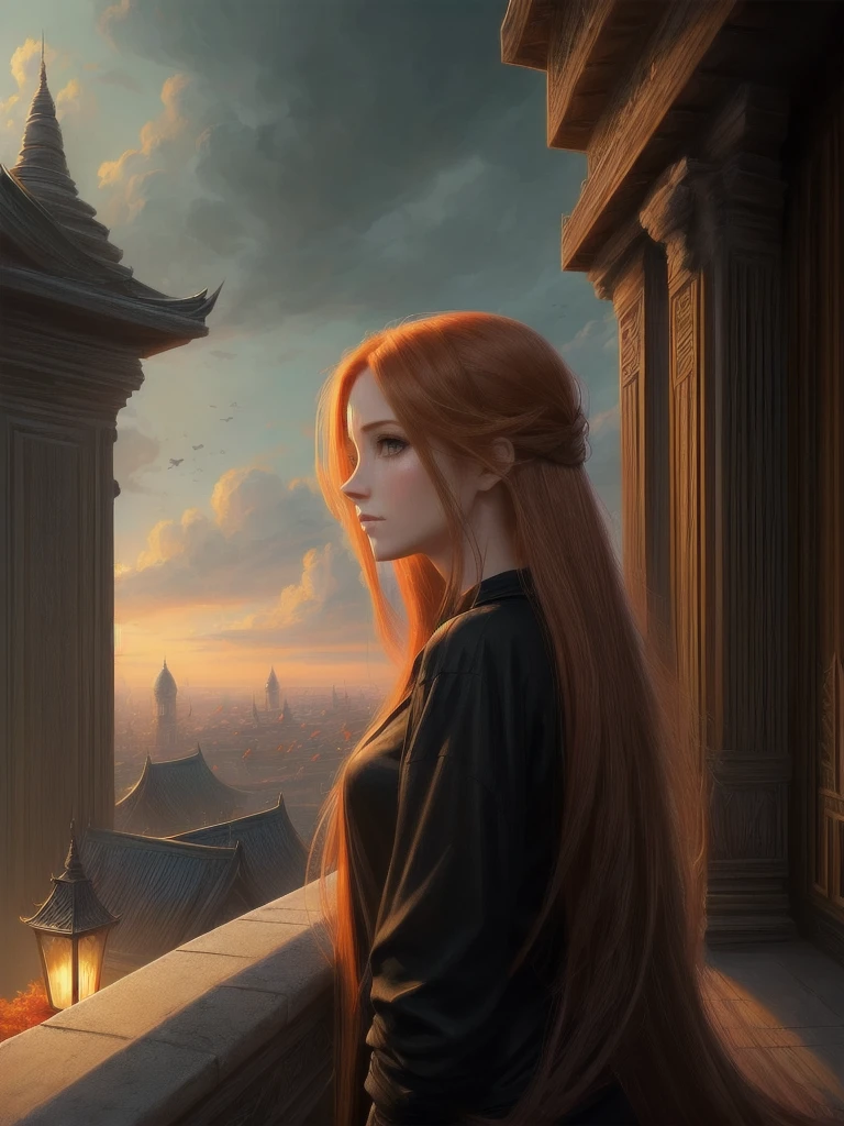 (high quality, ArtStation, Relax Art, fantasy style:1.2), (A beautiful girl, from side, looking at viewer), (long messy ginger hair), (black shirt), (palace rooftop, autumn)