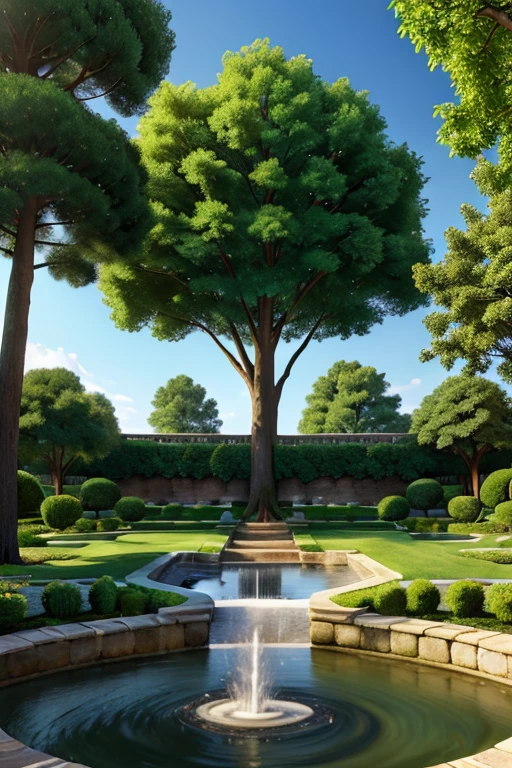Golden courtyard with a large tree in the center above the tree a white throne with a river coming out of it.