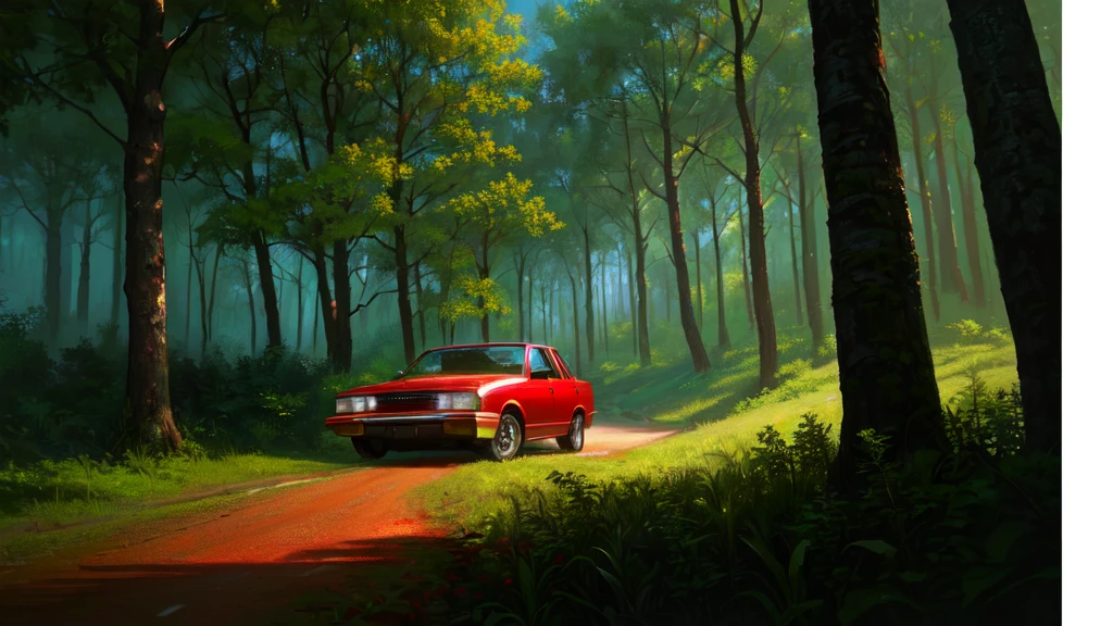 painting of a red car driving through a forest with trees, high quality digital painting, High detail digital painting., 4k digital painting, 4k digital painting, 4k digital painting, #1 digital painting of all time, # 1 digital painting of all time, 8k digital painting, style in digital painting, detailed painting 4k, digital painting with 8k resolution