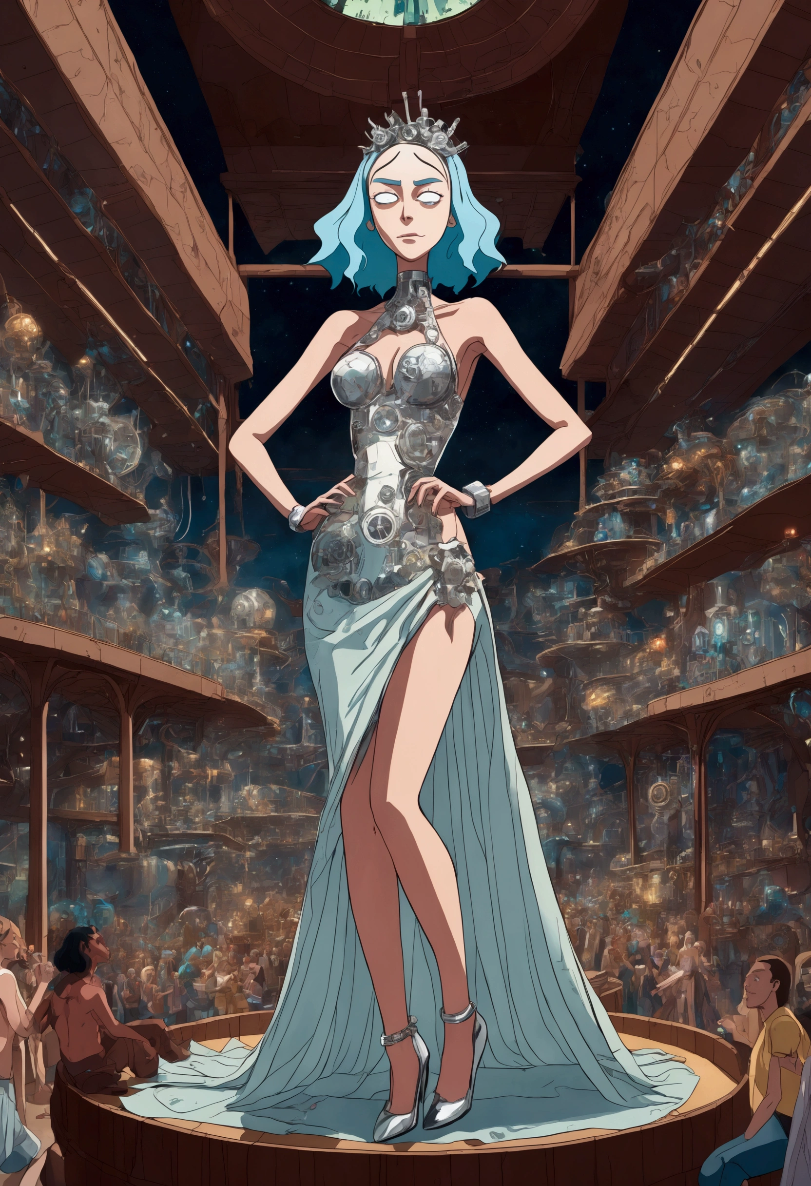 RICK AND mORTY'S, Rick, is watching a fashion show in a world of clockwork people. Cute clockwork woman (age 25, high heels, sexy dress, semi transparent skin showing her gears) show her from head to toe
