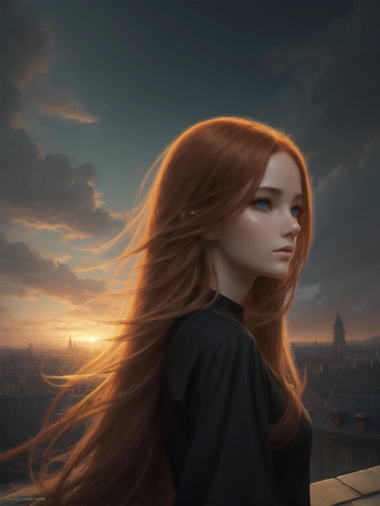(high quality, ArtStation, Relax Art, fantasy style:1.2), (A beautiful girl, from side, looking at viewer), (long messy ginger hair), (black shirt), (palace rooftop, autumn)