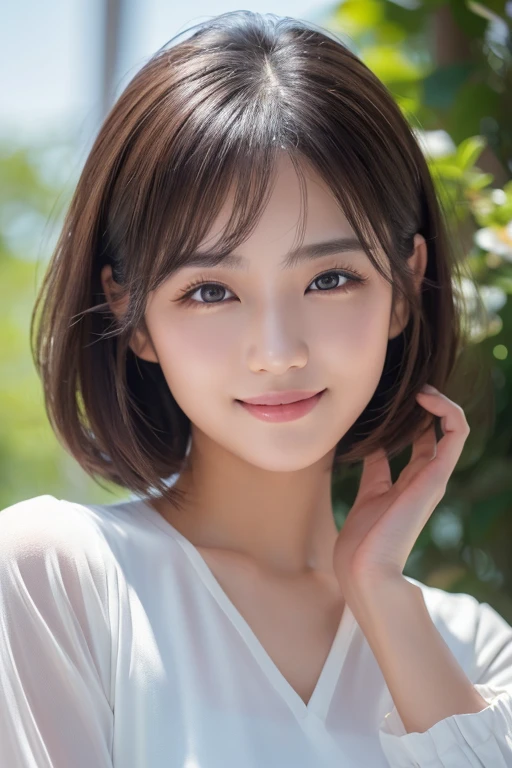 (Highest quality、8k、32K、masterpiece、Hmph:1.2)、Cute Japanese Women Photos、Long sleeve dress、Very short hair、Photographed in natural light、Upper Body、Surface Focus、In front of a white door、From above、Looking at the audience、Mix 4、(8k、RAW Photos、Highest quality、masterpiece:1.2)、(Realistic、Photorealistic:1.37)、1 girl、Photon Mapping、Physically Based Rendering、good looking、Excellent image quality、High resolution、1080P、(Beautiful face)、(Detailed facial depiction)、(Detailed explanation of the hand setter muscle parts)、Dirty hair、masterpiece、Rich details、(exquisite features)、(Best image quality)、(masterpiece)、(Detailed eyes)、I look forward to seeing you、Hair catalog style、Ivory casual shirt、Natural smile、Adult Cute、