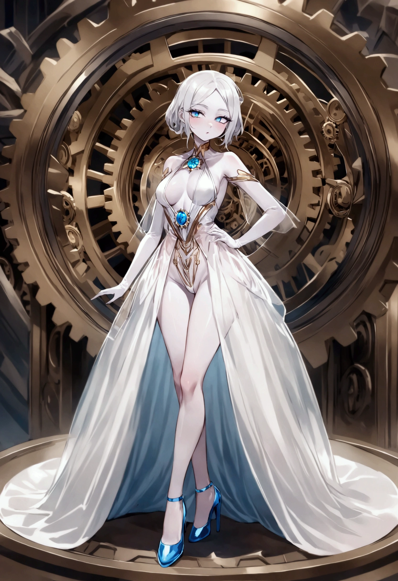 RICK AND mORTY'S, Rick, is watching a fashion show in a world of clockwork people. Cute clockwork woman (age 25, high heels, sexy dress, semi transparent skin showing her gears)