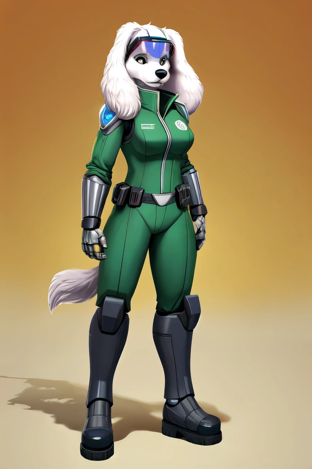 Fay Spaniel (Star Fox), furry female anthro, dog, labrador, poodle, cyborg, white fur, black nose, long white floppy labrador ears, muscular body, orange colour visor , hidden eyes for visor , eyes not visible, green jumpsuit, green long sleeve, green legs, black robotic gauntlets, grey robotic boots, holding pistol, serious, standing, full body, frontal view, solo (best quality)), ((masterpiece)), (detailed)