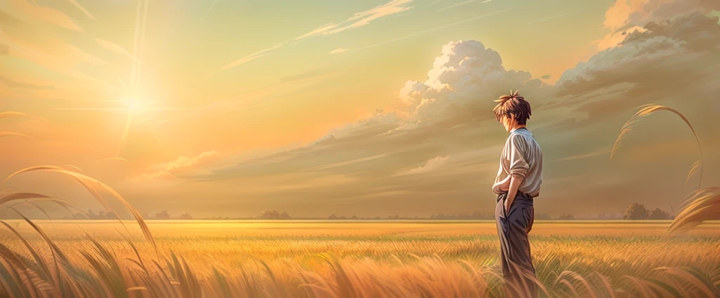 There was an old man standing in a field full of tall grass, style of Shinkai Makoto, ( ( Shinkai Makoto ) ), Shinkai Makoto cyril rolando, Shinkai Makoto, in style of Shinkai Makoto, lofi stylestyle, Shinkai Makoto movie, lofi style, Studio Ghibli Sunshine