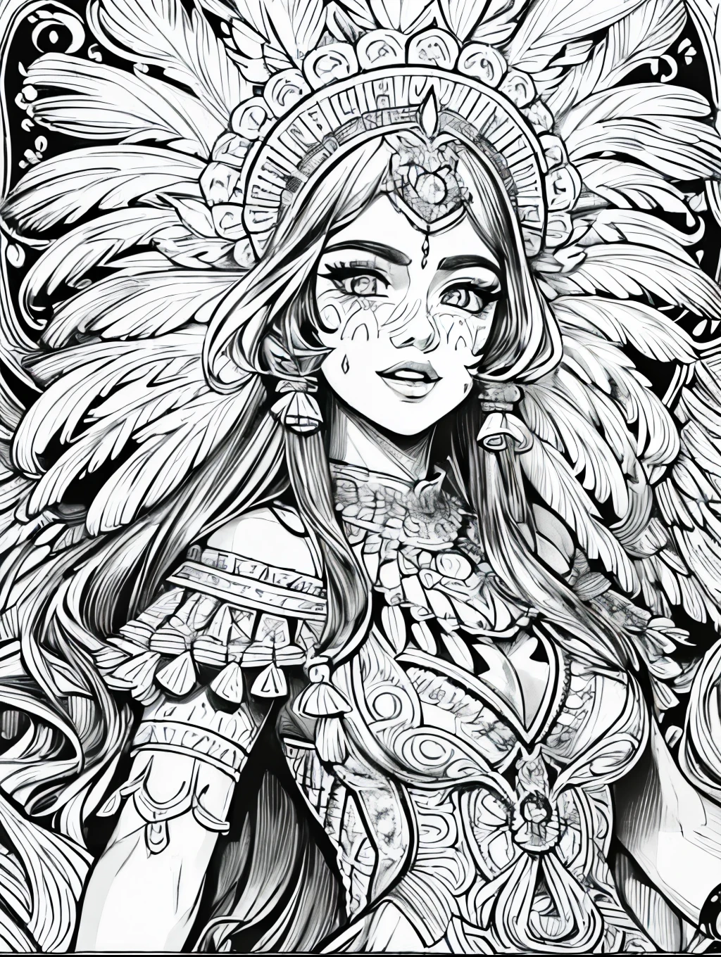 (Black and white coloring book:1.5), line drawings, masterpiece, best quality, ultra-detailed, high resolution, Very detailed face, (Eyes clear and distinct lines), Hair is white color, Full body shot, Carnival in Rio, A woman in a carnival costume decorated with fancy feathers and beads is dancing, Hyper detailed crisp black line draw, ((simple white color))