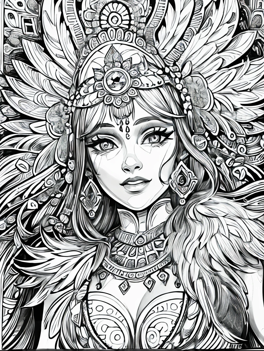 (Black and white coloring book:1.5), line drawings, masterpiece, best quality, ultra-detailed, high resolution, Very detailed face, (Eyes clear and distinct lines), Hair is white color, Full body shot,  Carnival in Rio, A woman in a carnival costume decorated with fancy feathers and beads is dancing, Hyper detailed crisp black line draw, ((simple white color))
