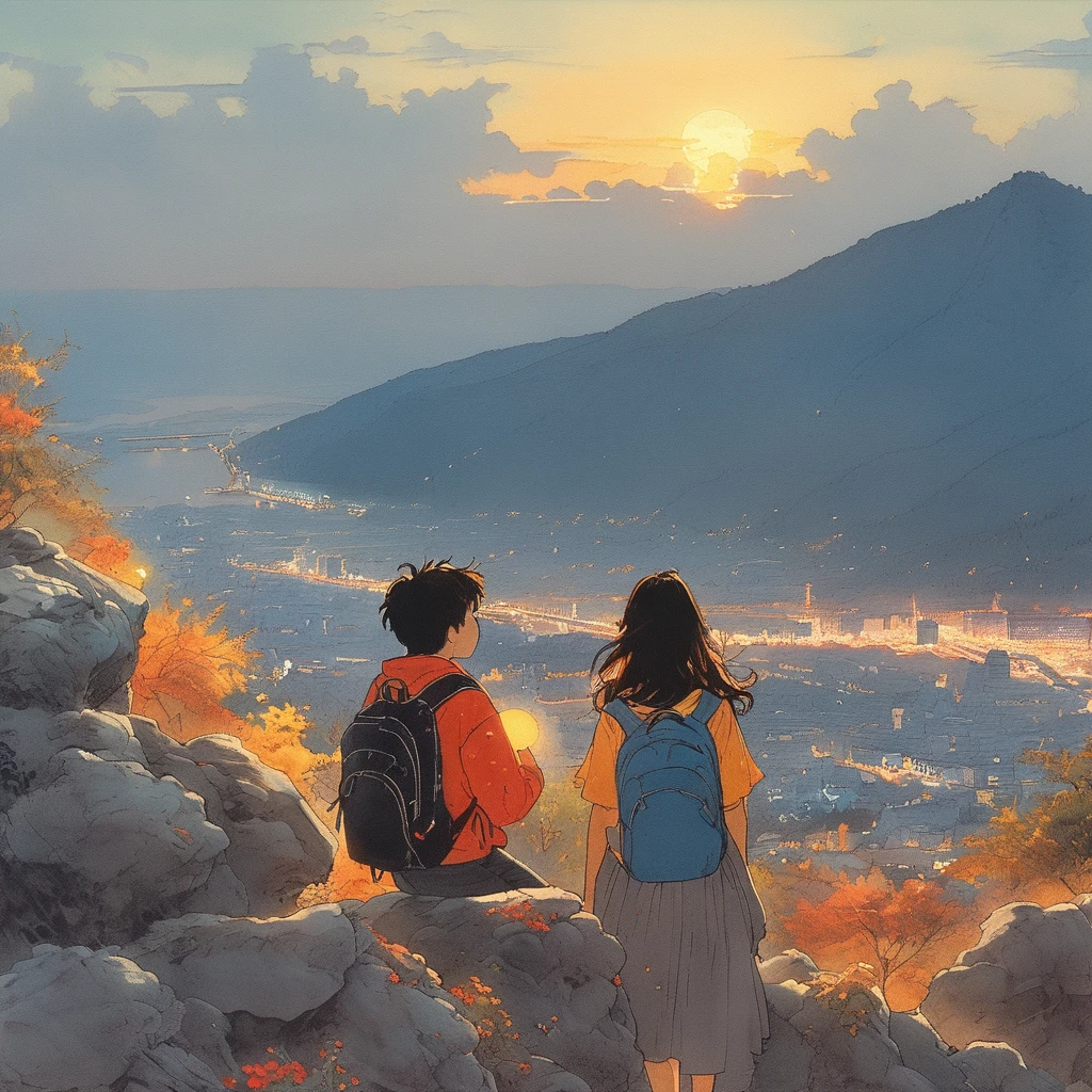 teenage boy and girl looking at city light from atop of hill