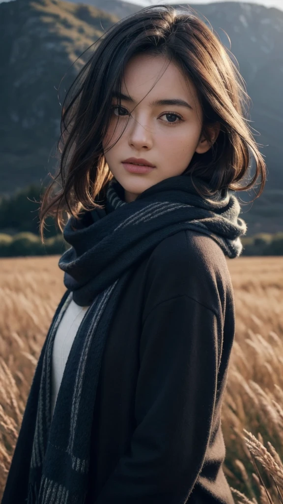 8k, best quality, masterpiece, realistic, ultra detail, photo realistic, Increase quality, 
a photo of a girl standing in a field with a scarf, in the style of dark and brooding designer, voluminous mass, photobash, serene faces, jagged edges, navy, natural beauty, close-up shot
