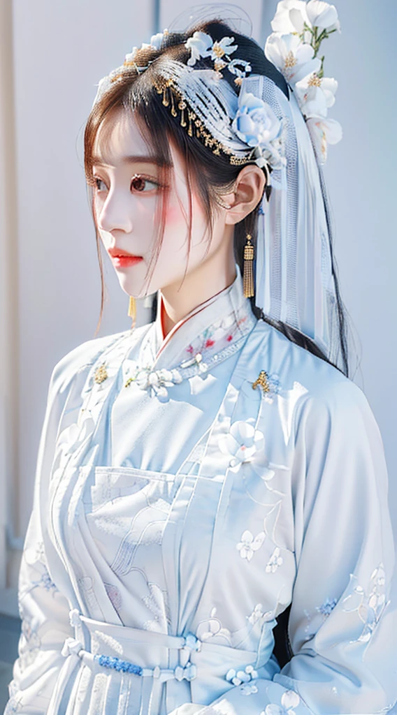Wearing a white dress、Araffe lady with flowers on her head, palace , Girl wearing Hanfu, White Hanfu, Beautiful Chinese model, Light milky white porcelain skin, Inspired by Gu An, Dressed in ancient Chinese costumes, Chinese Girl, Wearing Chinese clothes, Ruan Jiamei!, Chinese woman, style of guo hua