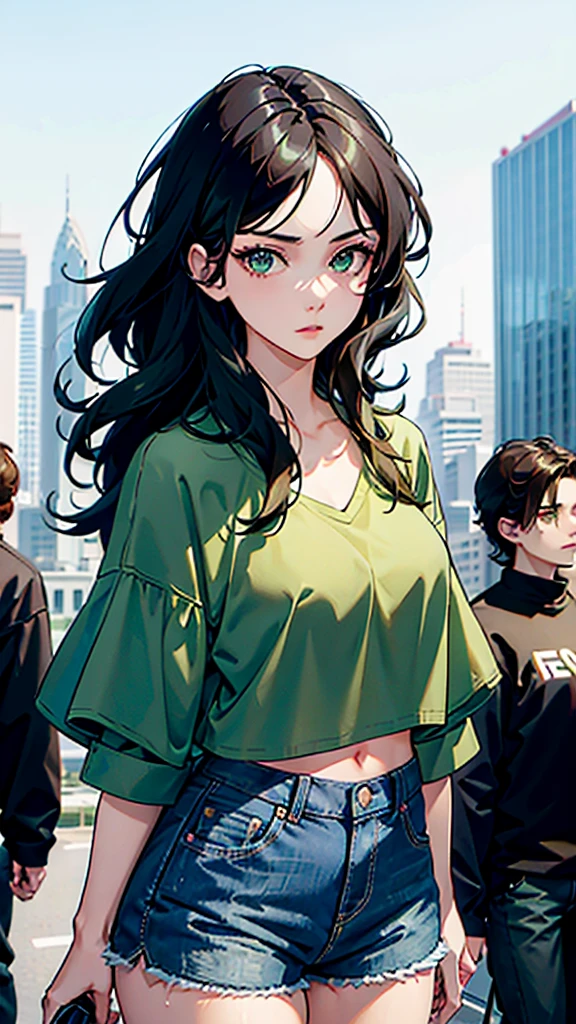 She has deep green eyes, a sculpted face with delicate features, a defined jawline, and slightly rounded cheekbones. She is wearing a modern outfit: a stylish cropped top and short denim shorts. Her new look includes a freshly styled hairdo, loose and wavy, giving her a radiant and elegant appearance. The background is a modern cityscape, capturing the essence of urban life.