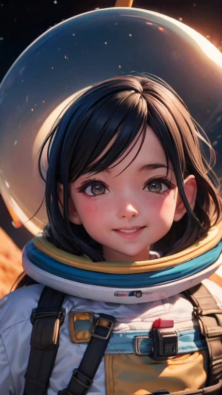 a little boy in a spacesuit in space is having a good laugh, black hair, longeyelashes, solid circle eyes, ear blush, fang, ccur...