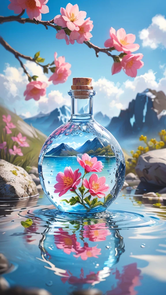 A bottle is placed on the stone,There are flowers inside, Ultra detailed water, Beautiful and detailed scenes, High Detail, very High Detail, High Detail), Digital painting highly detailed, Detailed and realistic painting, Very detailed scene, Water Art Control, Ultra-fine painting, The art of detail, Transparent liquid, Realistic and detailed, High Detail painting, Hyper-realistic rendering details, Hyper realistic acrylic painting
