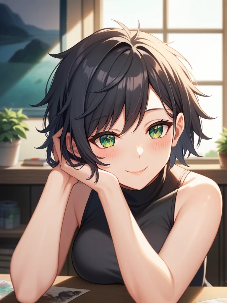 Adult, Female, Mature, short black hair, messy hair, emerald eyes, medium breasts, black turtleneck, bike shorts, art room, paintings in background, resting head on hand, elbow on table, content, small smile, blushing, Masterpiece, Accurate, Anatomically Correct, Best Quality, High Details, Detail, Super Detailed, Best detail, Perfect detail, Amazing detail, [-3, 3], perfect eyes, perfect irises, best eyes, best irises, Close-Up, headshot