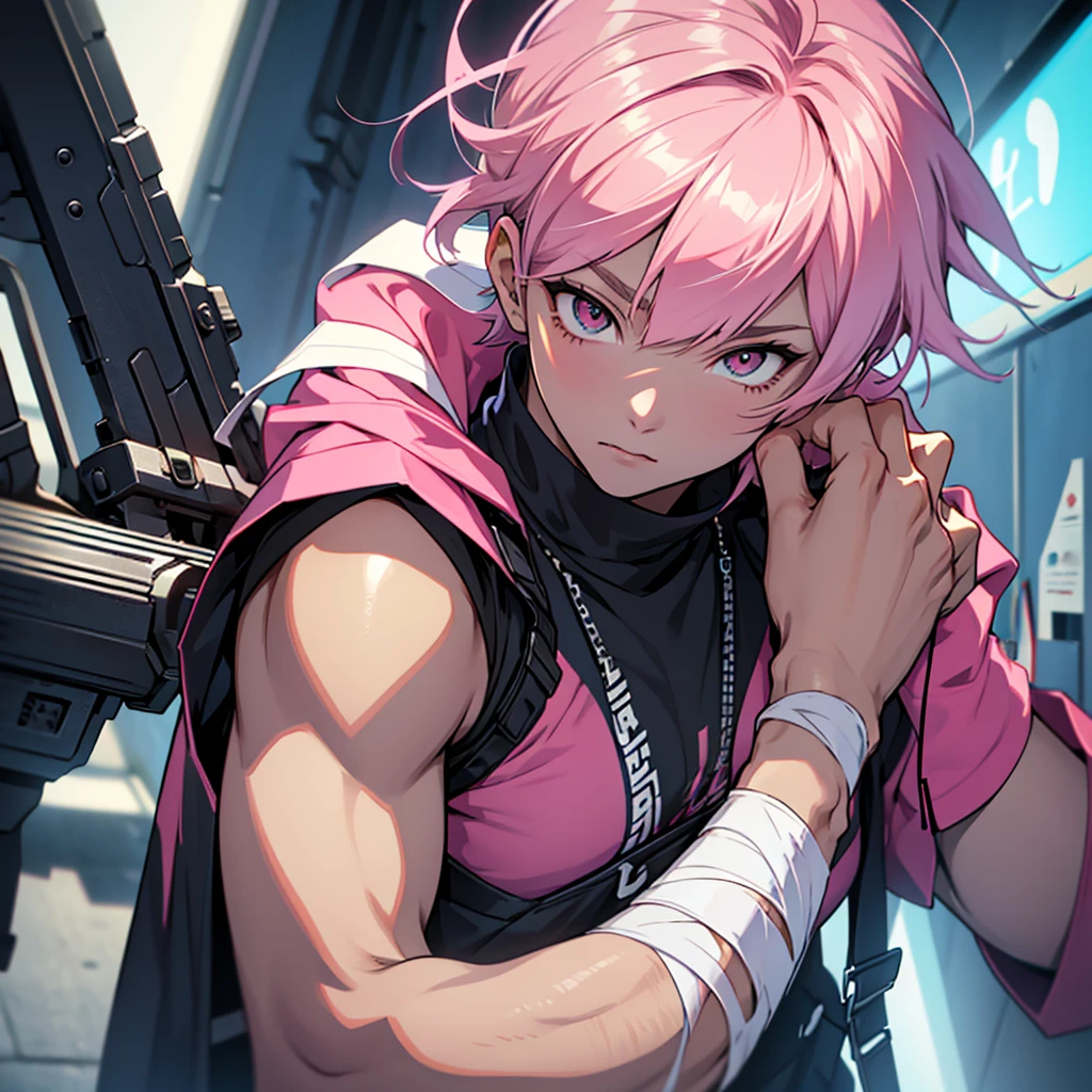 a drawing of a girl with a pink hair and a green shirt, 2 d アニメ style, 2 d style, unknown artstyle, coloured line art, in the art style of 8 0 s アニメ, delicate androgynous prince, sketchy artstyle, アニメ style only, アニメ styled, digital art from danganronpa, trigger アニメ artstyle, ayanami、black hair, streaked hair, colored inner hair, pink hair, swept bangs, asymmetrical bangs, blunt bangs, short hair, side swept bangs, very short hair, tsurime, constricted pupils, mole under eye, expressionless, Surrealism, アニメ, アニメ style, 8k, super detail, masterpiece, uhd, accurate, anatomically correct, textured skin, textured skin, high details, high details, award winning, best quality, highres、Pink hair with light blue inner color、Thick eyebrowilitary-like atmosphere、Cyberpunk clothing、Holding a gun、Spiky Hair、Hair that is angled overall、Chopped hair、He has a bandage on his left cheek