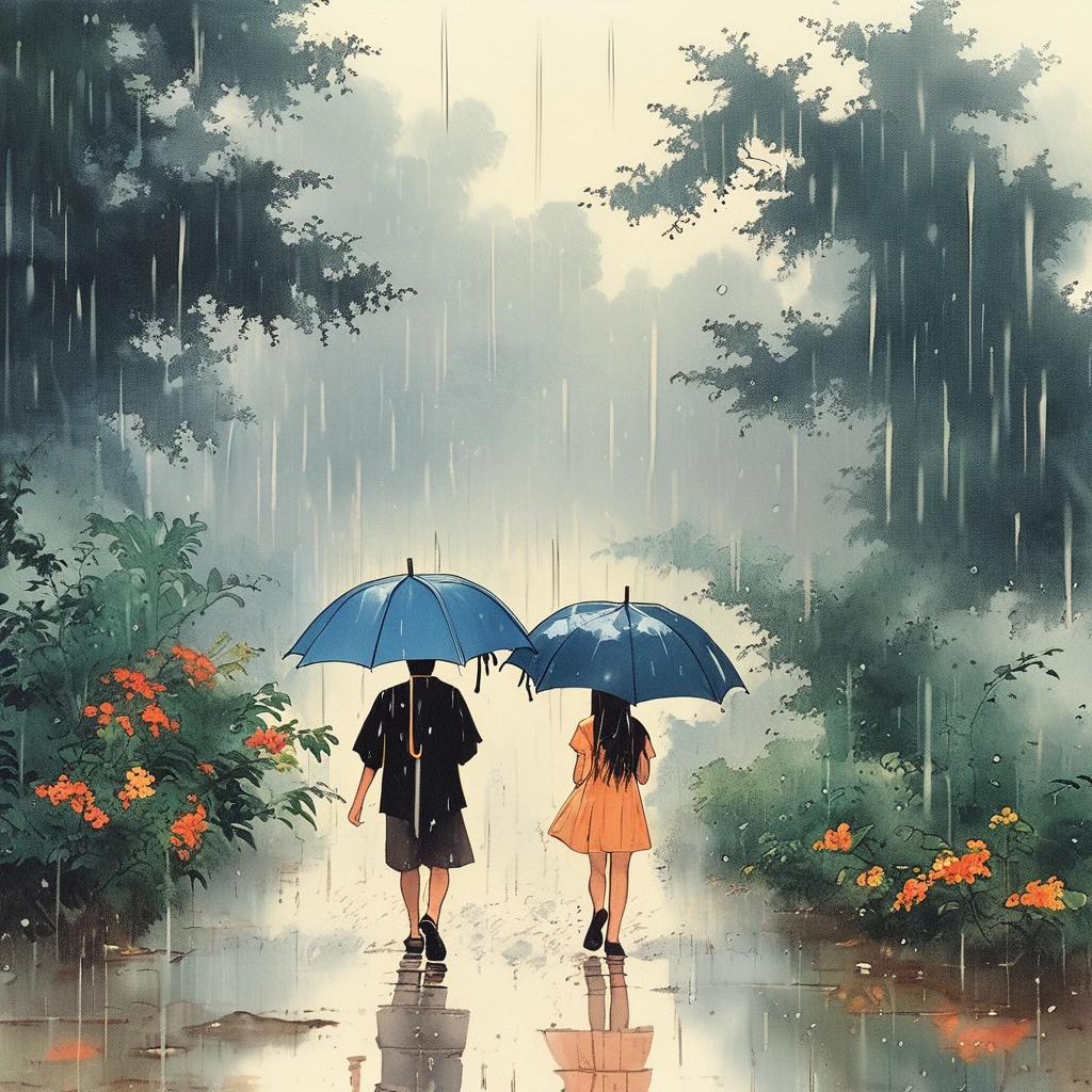 teenage boy and girl walking with an umbrella amidst heavy rain