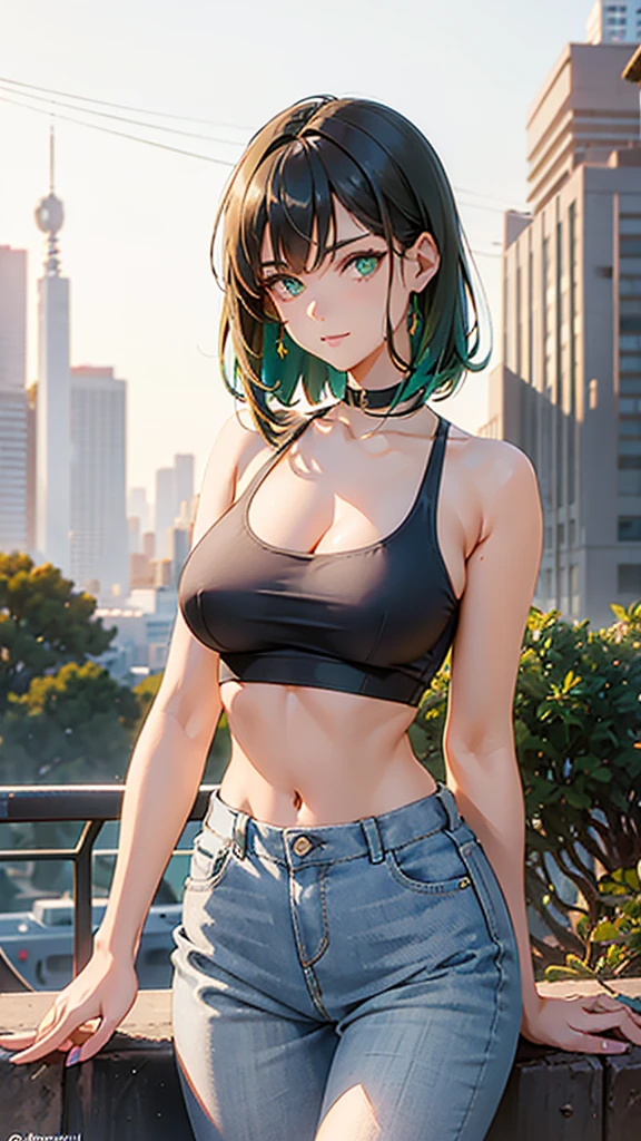 She has deep green eyes, a sculpted face with delicate features, a defined jawline, and slightly rounded cheekbones. She is wearing a modern outfit: a stylish cropped top and short denim shorts. Her new look includes a freshly styled hairdo, loose and wavy, giving her a radiant and elegant appearance. The background is a modern cityscape, capturing the essence of urban life.