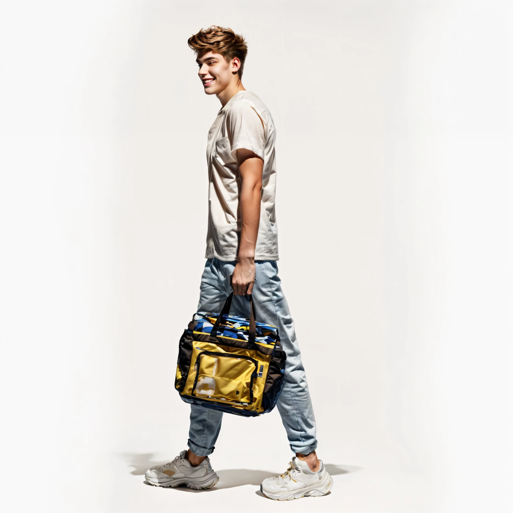 An 18-year-old,Swedish man,充满masculinity的年轻男子,Muscular man side profile,whole body,Smiling cheerful boy,(Hand-held transparent tote bag),(Light gray top:1.37),(jeans:1.37),White sneakers,Golden brown hair , Light brown eyes, masculinity,Transparent shoulder bag, Full length view, , Full Height View, distant whole body视图, whole body广角镜头, (Studio white background:1.37)