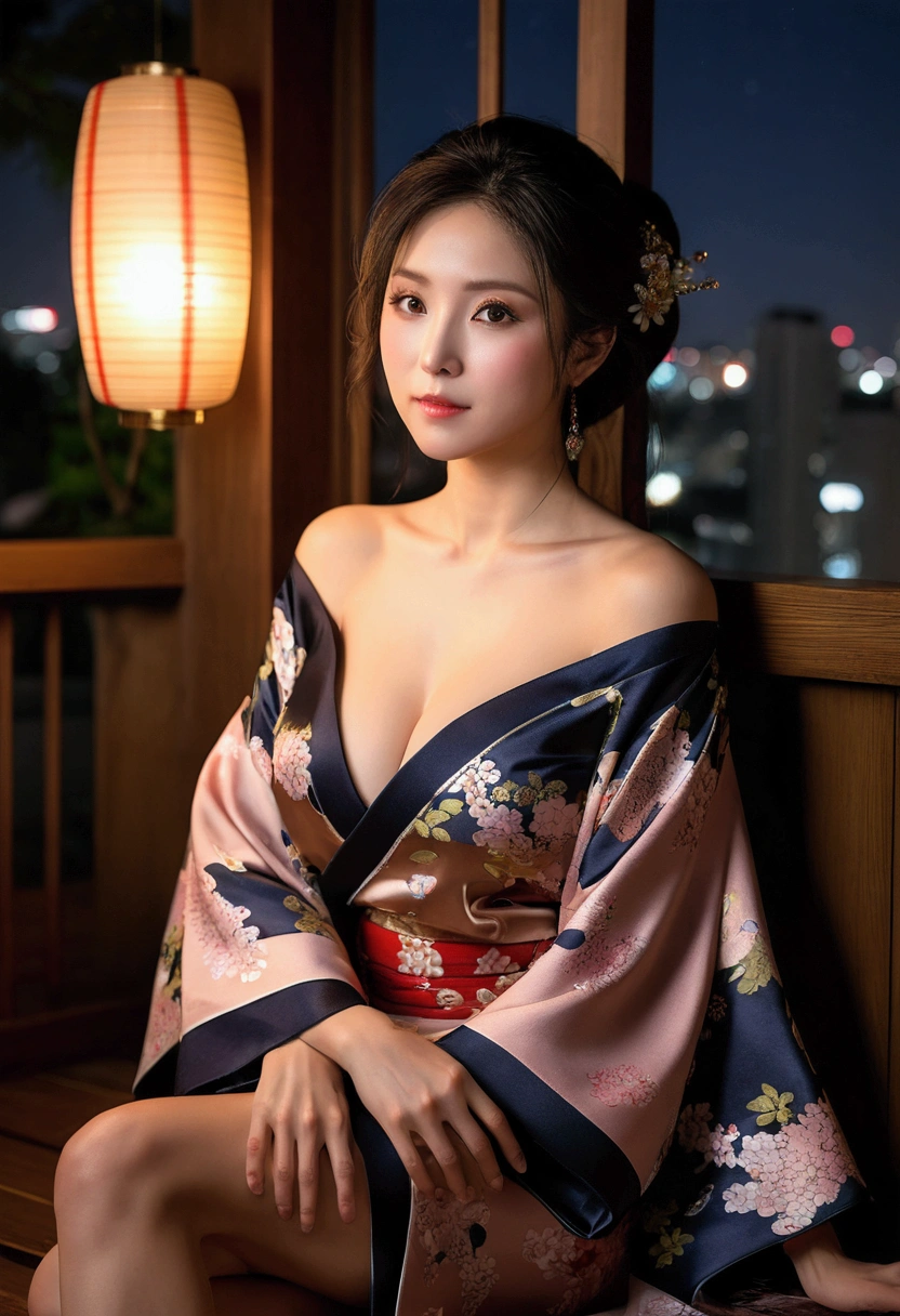 ((night, Real Light, Highest quality, 8k, masterpiece: 1.3)), 35-year-old woman, Beautiful woman, Slim figure: 1.4, (Dark brown hair), (Off the shoulder), (kimono)), ((Cleavage)), ((美しいkimono)), (night), Highly detailed face and skin texture, (Sitting),  (((Embarrassed))),(((Leaning forward))、