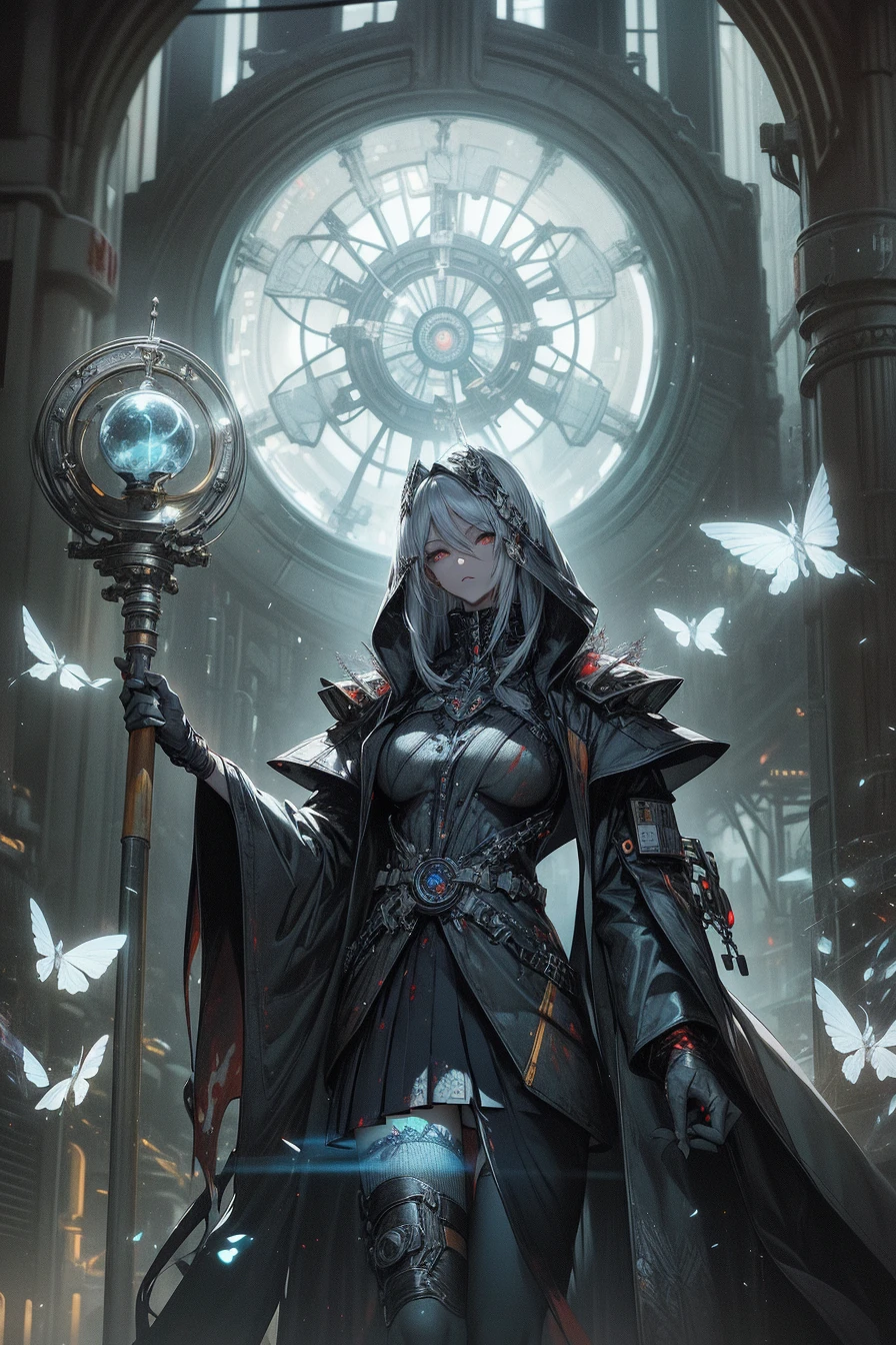 bright silver futuristic goddess girl in coverall ((bloody-red pleated skinny suit)) with (golden lines) accents (((skirt))) (((goddess robe with long sleeves))) with fireball, (crop robe), (runes on skin), epic, elite, ((lacy)), futurism, cyberpunk, silk, fur, (stockings), decollete, natural breasts, slim body, zettai ryouiki, ((((medium length hair)))), (two shades gradient silver-hair) and red highlight streak in hair, (beautiful detailed bright ((glowing)) flaming fire eyes), portrait, (beautiful and aesthetic:1.2, fractal art:1.4), most realistic, hyper-realistic, RAW, highest quality, best quality, Detailed, Realistic, 4k highly detailed digital art, octane render, bioluminescent, (cool_color), best pixels, 8k ultra, extremely detailed CG unity 8k wallpaper, cinematic lighting