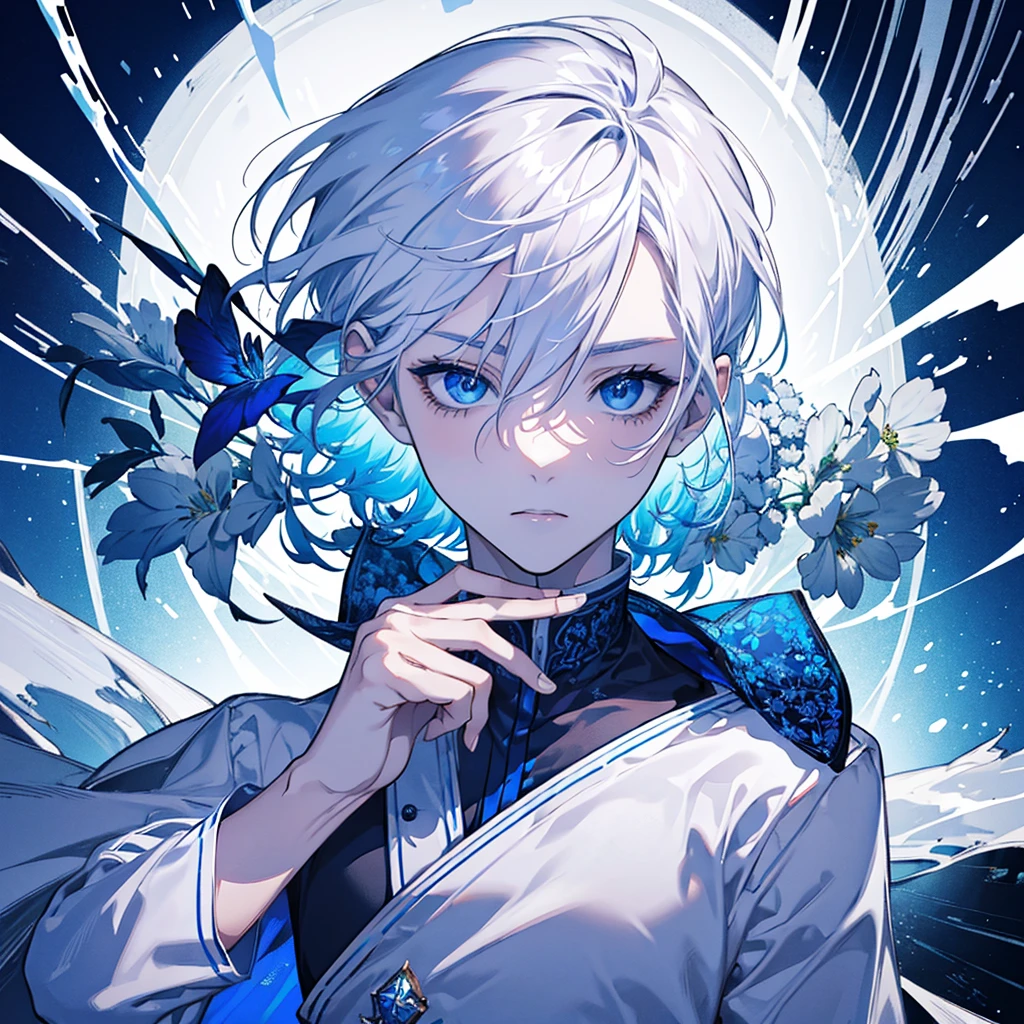 Design an anime boy with striking white hair, wearing a sleek white t-shirt and a stylish white blazer. His eyes should be a captivating sky blue, radiating a sense of calm and mystery. Incorporate an intricate background of blue flowers, with some petals gently floating around him, adding a touch of ethereal beauty. Subtle glimmers of light can dance around the scene, enhancing the dreamy and cool aesthetic perfect for a standout Facebook profile picture.