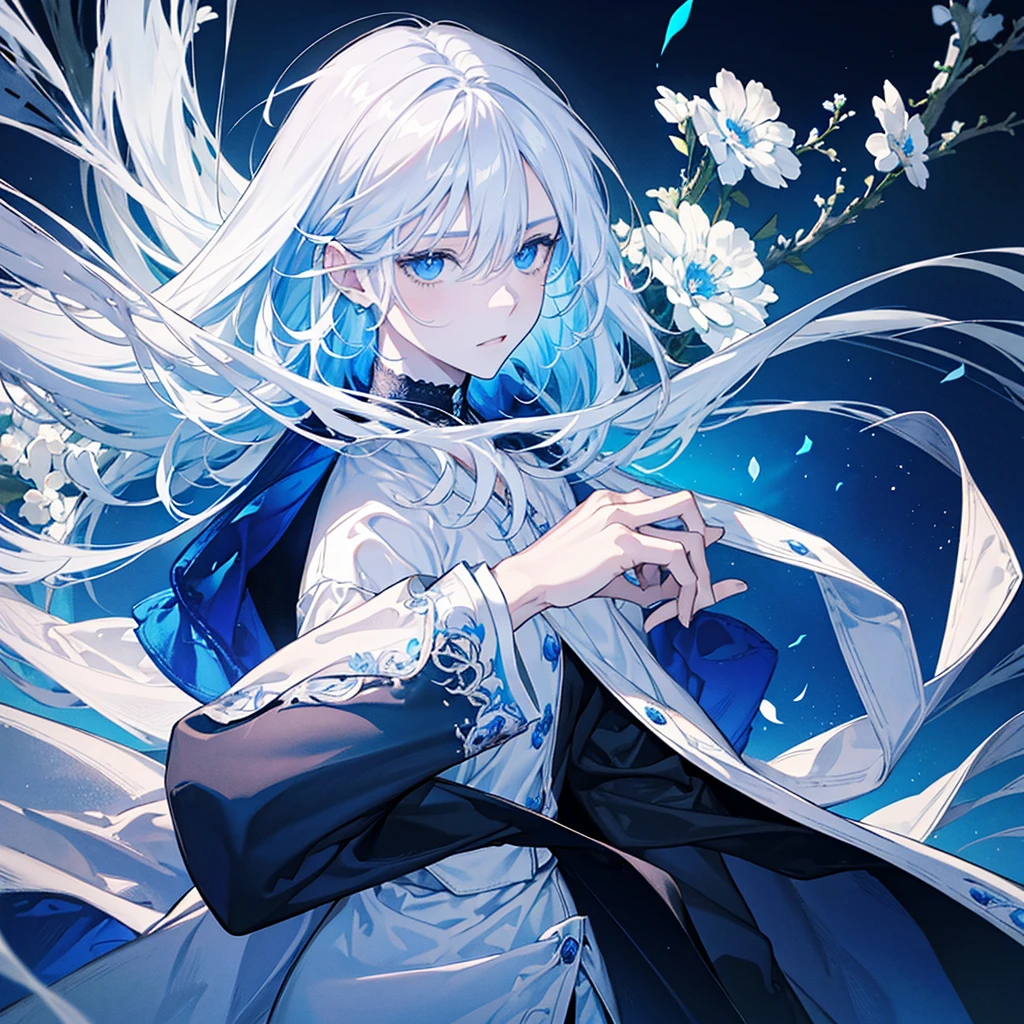 Design an anime boy with striking white hair, wearing a sleek white t-shirt and a stylish white blazer. His eyes should be a captivating sky blue, radiating a sense of calm and mystery. Incorporate an intricate background of blue flowers, with some petals gently floating around him, adding a touch of ethereal beauty. Subtle glimmers of light can dance around the scene, enhancing the dreamy and cool aesthetic perfect for a standout Facebook profile picture.