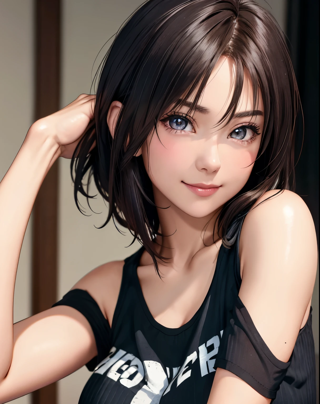 Highest quality, Ultra-high resolution, (Realistic: 1.4), beautiful Eyes, Super beautiful, Very short hair, beautiful, lover, Rough chest T-shirt, beautiful Soldier, Eyes that beckon the viewer, loverの視点, Attractive expression, Sexy smile, Perfect Style, Perfect balance, Detailed skin, Mischievous Gaze, I can see your chest