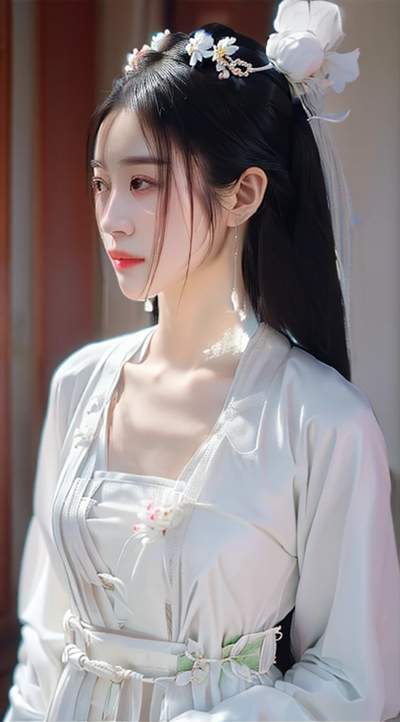 Wearing a white dress、Araffe lady with flowers on her head, palace , Girl wearing Hanfu, White Hanfu, Beautiful Chinese model, Light milky white porcelain skin, Inspired by Gu An, Wearing Chinese clothing, Chinese Girl, Wearing Chinese clothes, Ruan Jiamei!, Chinese woman, style of guo hua