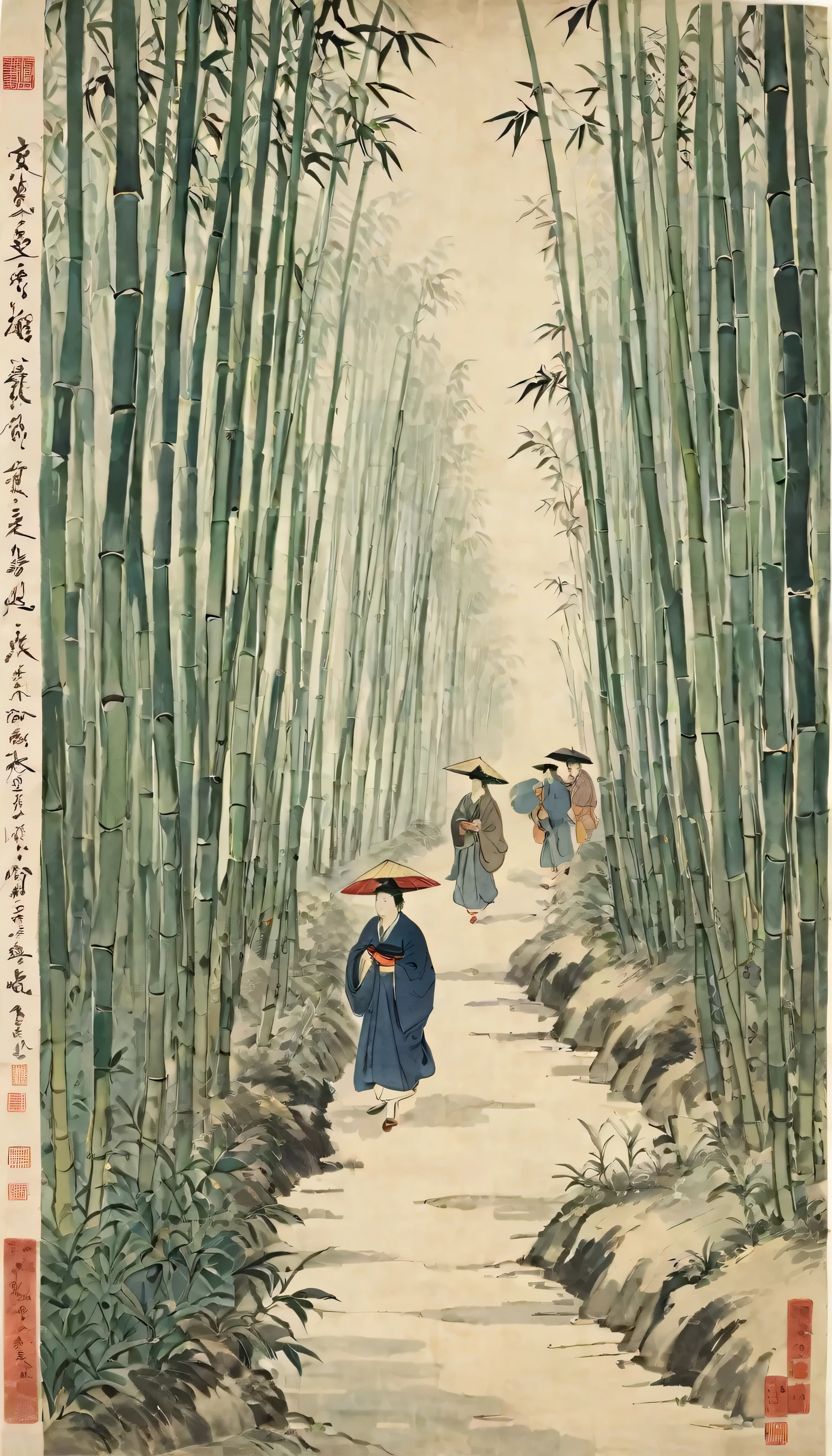 Katsushika Hokusai、vague、Mont、forest、bamboo forest、road、roadに咲く花、People passing by々、Ink and watercolor、Light tones、Large brush letters、Chinese Text、Ink Painting、書road,、Chinese character、Fading of Japanese paper、Washi paper folds