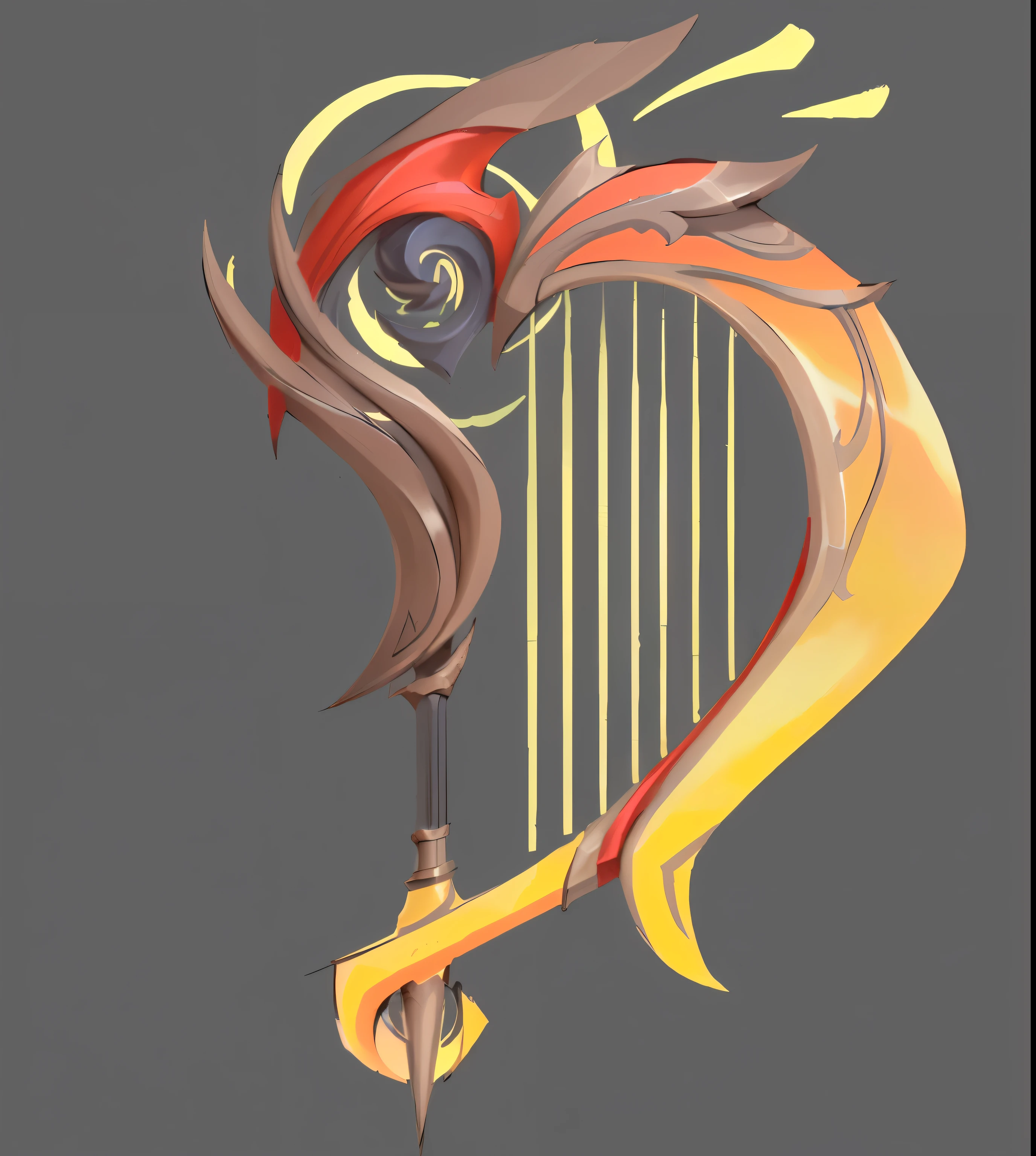 there is a drawing of a harp with a long tail, guitar Concept Art, harp, (Fantasy Violin), Fantasy Violin, stylized Concept Art, Fantasy Scythe, Concept Art, Concept Art, sickle design, Concept Artwork, Concept map, weapon Concept Art, Weapon Design, Fantasy weapons, heavily stylized, Stylized game art, painted as a game Concept Art