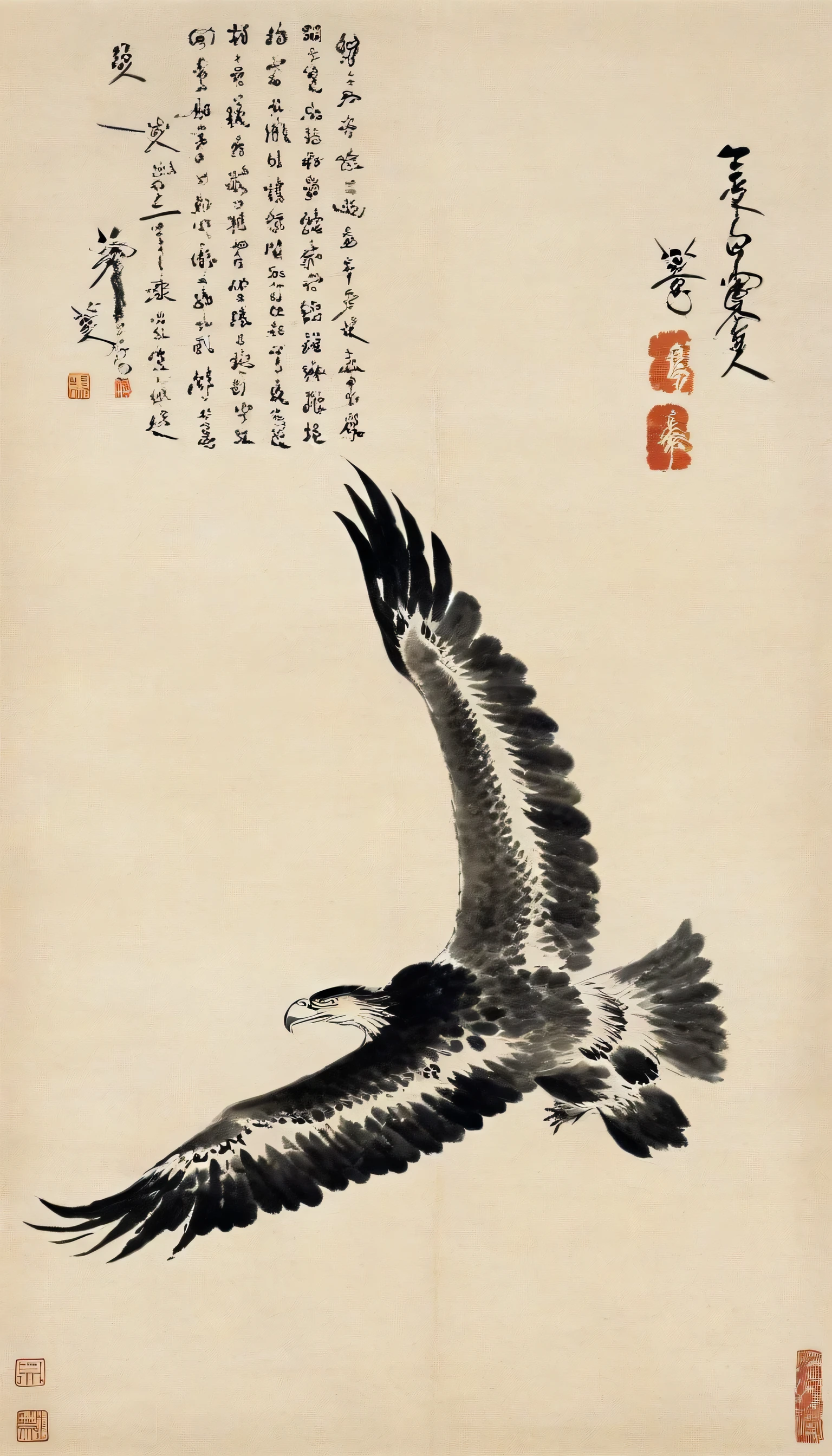 Chinese landscape painting,High resolution,No humans,Eagle with spread wings,the art of chinese calligraphy,Asian Artwork,Traditional Chinese Painting,ink Eagle with spread wings drawing,calligraphy,parchment,Vertical composition,Minimal,Brush strokes,cultural,Seal Art,antique,artistic,Single subject,Text Overlay,Fine art,Chinese Text,Ink Painting,