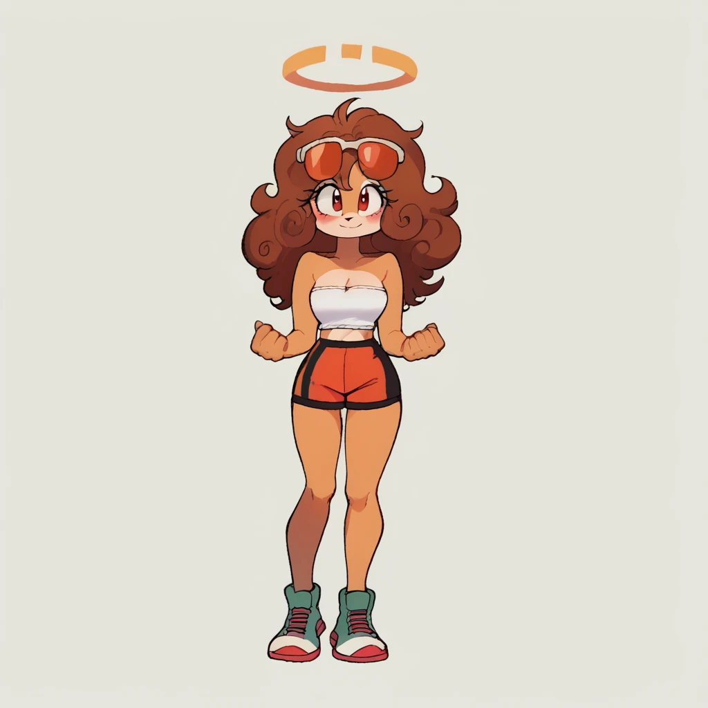 score_9, score_8_up, solo, mobian, hedgehog, two-tone fur ((orange fur, brown fur)), pyjama elastic shorts, strapless crop top, cleavage, high-top sneakers, two-tone hair (brown hair, black tip)), curly hair, halo, sunglasses, jewelry, red eyes, longeyelashes, red eyes, smile, shy, blush