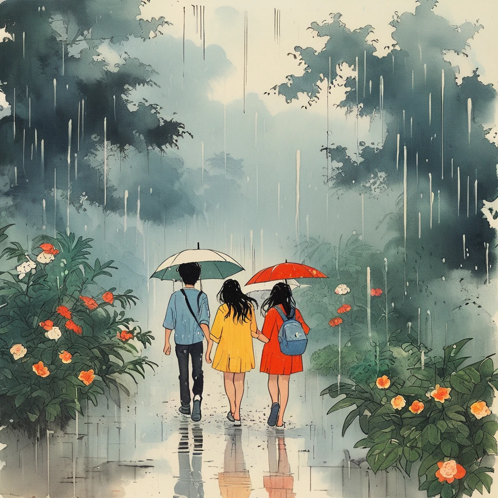 age boy and girl walking amidst heavy rain
